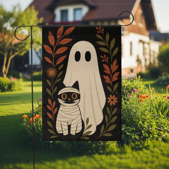 Halloween Garden Flag: Ghost and Mummy Cat Decor