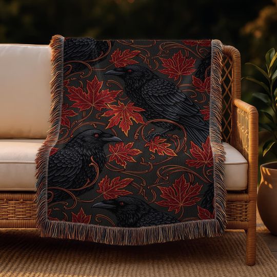 Gothic Raven Woven Blanket: Autumn Crow and Red Maple Leaves Throw