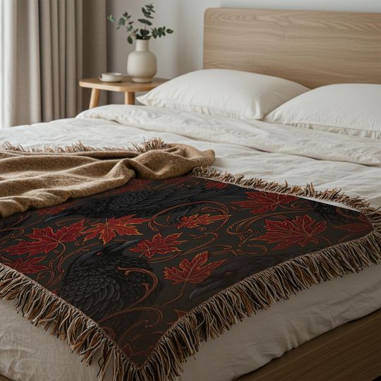 Gothic Raven Woven Blanket: Autumn Crow and Red Maple Leaves Throw