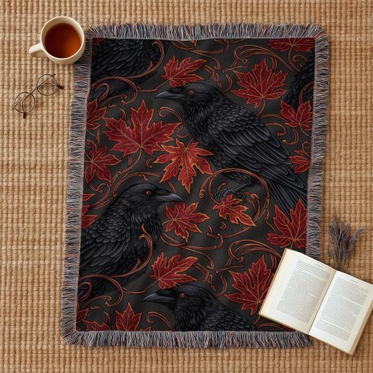 Gothic Raven Woven Blanket: Autumn Crow and Red Maple Leaves Throw