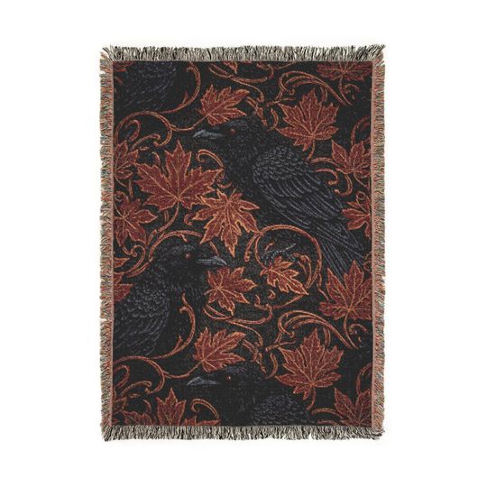Gothic Raven Woven Blanket: Autumn Crow and Red Maple Leaves Throw