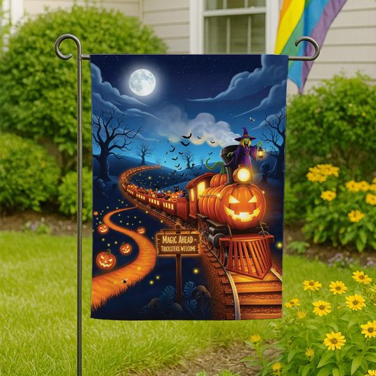 Halloween Garden Flag: Pumpkin Train, Witch on Jack-o'-Lantern - Spooky Decor