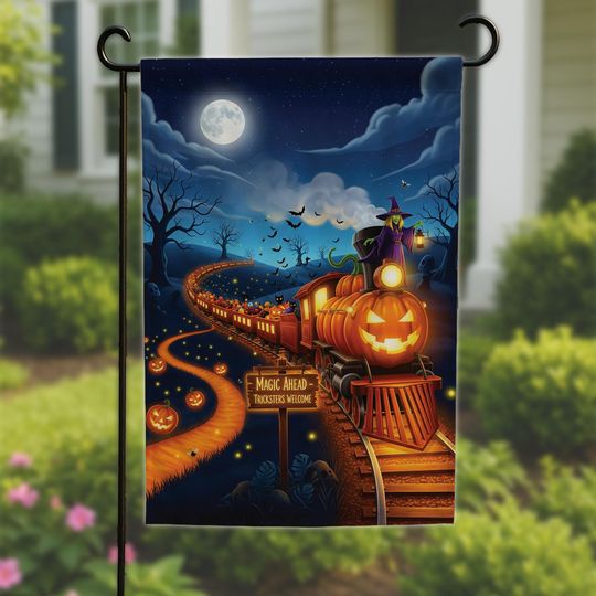 Halloween Garden Flag: Pumpkin Train, Witch on Jack-o'-Lantern - Spooky Decor