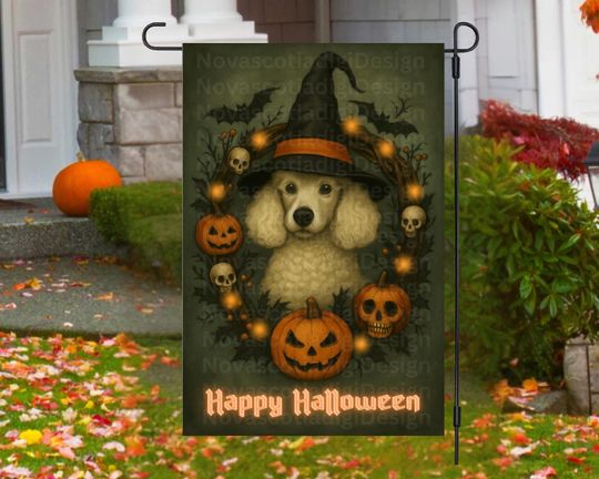Poodle Witch Halloween Garden Flag  : Autumn Yard Decor