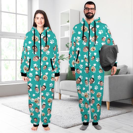 Custom Face One-Piece Pajamas: Personalized Flannel Zipper PJs