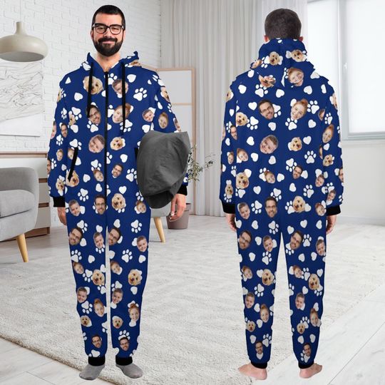 Custom Face One-Piece Pajamas: Personalized Flannel Zipper PJs