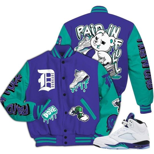 AJ 5  Retro Grape 5s Varsity Jacket- Paid In Full Bear