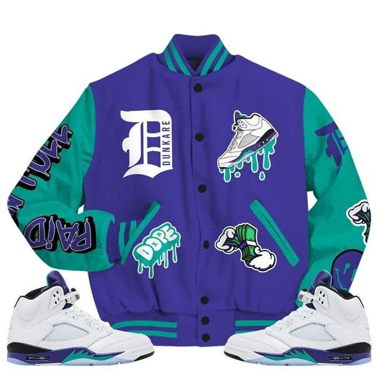 AJ 5  Retro Grape 5s Varsity Jacket- Paid In Full Bear
