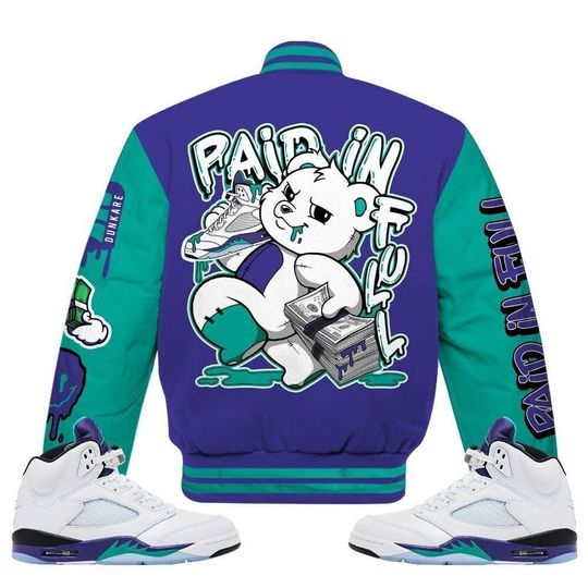 AJ 5  Retro Grape 5s Varsity Jacket- Paid In Full Bear
