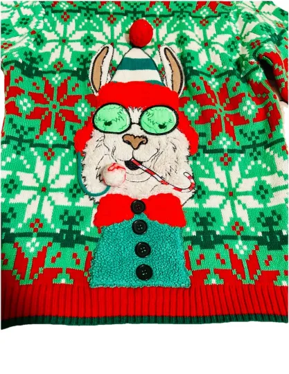Ugly Christmas Sweater Llama Pipe 3D Pom Pom Lights Medium Celebrate Together