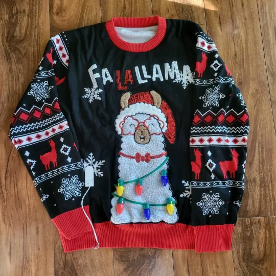 Womens Knit Ugly Christmas Sweater Size XL  Llama Alpaca Lights Festive Unisex
