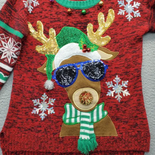 Ugly Christmas Sweater Womens Small Multicolor Rudolph Reindeer Snowflake Sequin