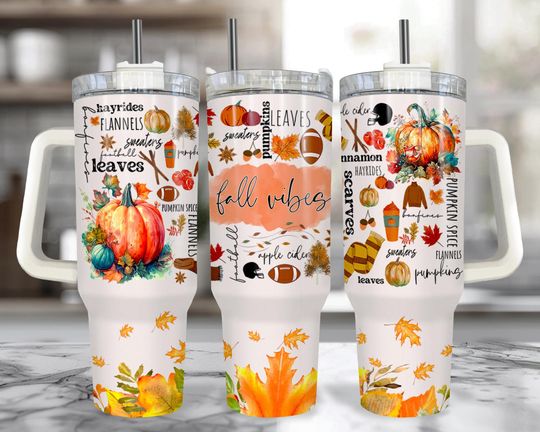 Fall Vibes 40 oz Tumbler with Handle: Autumn Pumpkin Spice Cup with Straw