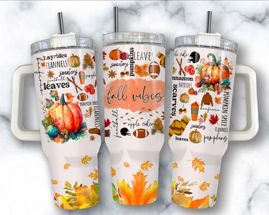 Fall Vibes 40 oz Tumbler with Handle: Autumn Pumpkin Spice Cup with Straw