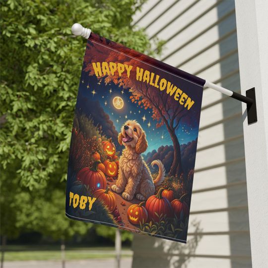PERSONALIZED Cockapoo Halloween Garden Flag, Pet Halloween Flag, Cockapoo Yard Decor, Cockapoo Lawn Flag, Halloween Lawn Flag, Fall Flag