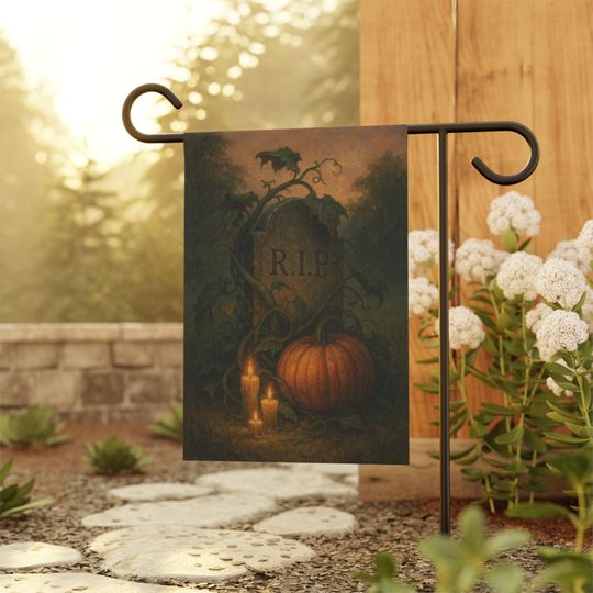 Gothic Halloween Garden Flag: Tombstone, Pumpkin, Graveyard Decor