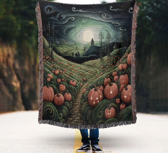 Halloween Pumpkin Farm Woven Throw Blanket: Cottagecore Decor