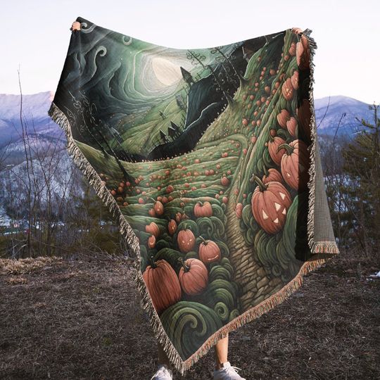 Halloween Pumpkin Farm Woven Throw Blanket: Cottagecore Decor
