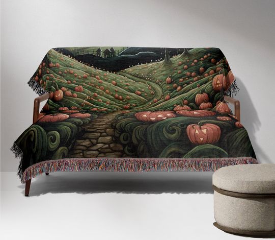 Halloween Pumpkin Farm Woven Throw Blanket: Cottagecore Decor