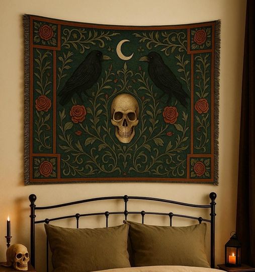 Gothic Skull & Raven Woven Blanket: Dark Academia Decor