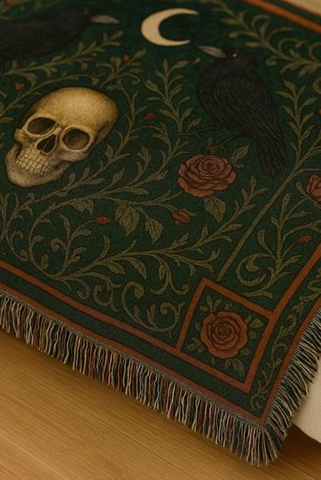 Gothic Skull & Raven Woven Blanket: Dark Academia Decor