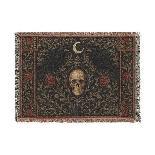 Gothic Skull & Raven Woven Blanket: Dark Academia Decor