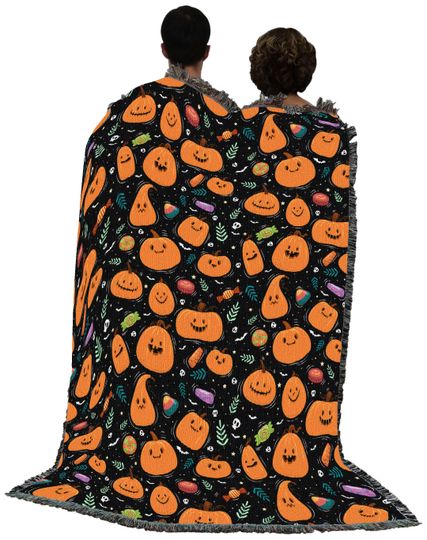Pumpkins Halloween Candy Blanket - Tapestry Throw Woven from Cot on - Made in The USA (72x54)