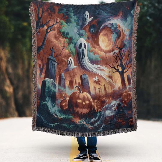 Halloween Graveyard Woven Throw Blanket: Pumpkins & Ghosts
