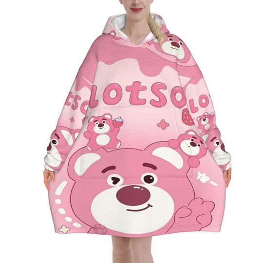 Lotso Pink Bear Wearable Blanket Hoodie for Women and Men Oversized Sweatshirt with Pocket