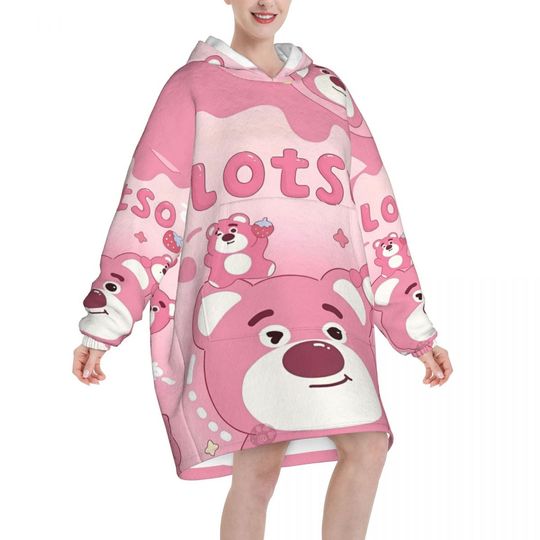 Lotso Pink Bear Wearable Blanket Hoodie for Women and Men Oversized Sweatshirt with Pocket