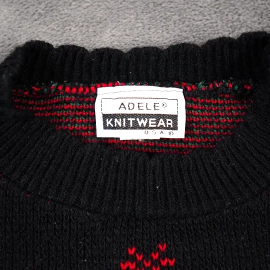 VTG Adele Sweater Womens Large? 42" Black Green Red Ugly Christmas Tree July Bow