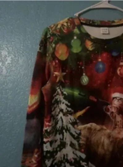 Gun Cat Riding Dinosaur Ugly Christmas Sweater .New