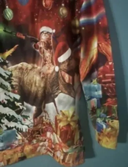 Gun Cat Riding Dinosaur Ugly Christmas Sweater .New