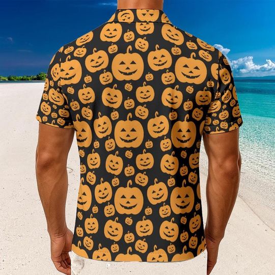 Halloween Pumpkin Shirt Men Black Orange Hawaiian Shirt, Funny Spooky Holiday Party Shirt, Ghost Festival Vacation Outfit Gift Fall Gift Tee