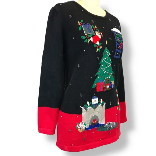Vtg Nutcracker Womens Ugly Christmas Sweater Size S Tree Fireplace Dog Gifts