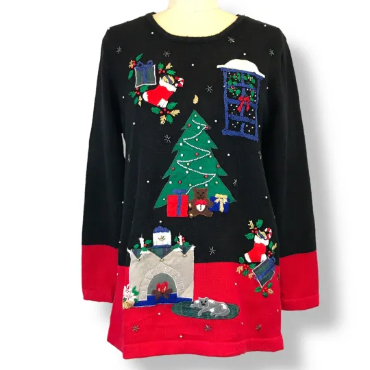 Vtg Nutcracker Womens Ugly Christmas Sweater Size S Tree Fireplace Dog Gifts