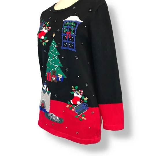 Vtg Nutcracker Womens Ugly Christmas Sweater Size S Tree Fireplace Dog Gifts