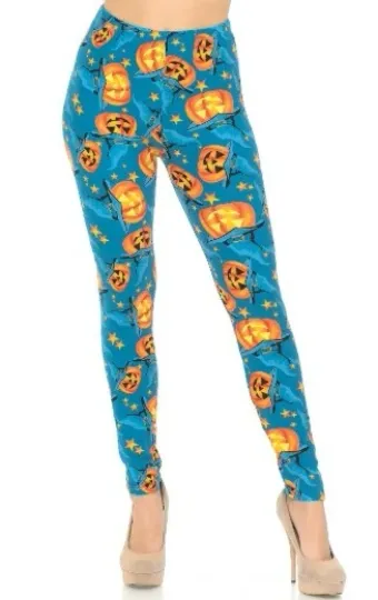 Buttery Soft Blue and Evil Pumpkins Halloween Leggings