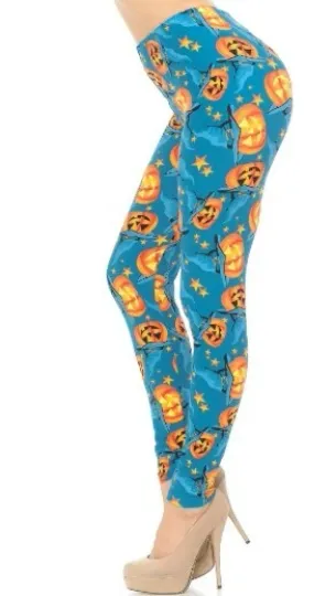 Buttery Soft Blue and Evil Pumpkins Halloween Leggings