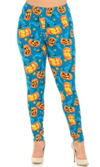 Buttery Soft Blue and Evil Pumpkins Halloween Leggings