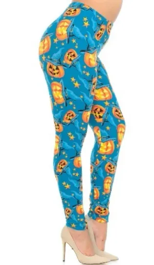 Buttery Soft Blue and Evil Pumpkins Halloween Leggings