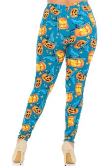 Buttery Soft Blue and Evil Pumpkins Halloween Leggings