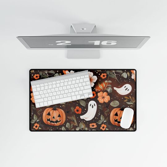 Cottagecore Halloween Desk Mat: Spooky Ghosts, Pumpkins & Flowers