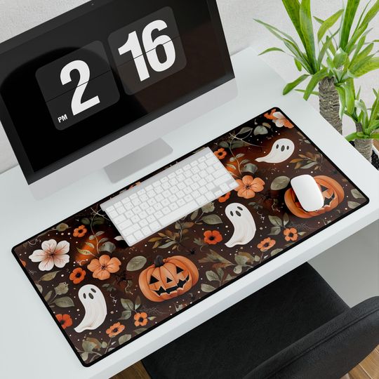 Cottagecore Halloween Desk Mat: Spooky Ghosts, Pumpkins & Flowers