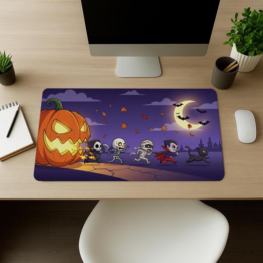 Halloween Desk Mat: Spooky Pumpkin, Skeleton & Vampire - Gothic Office Decor