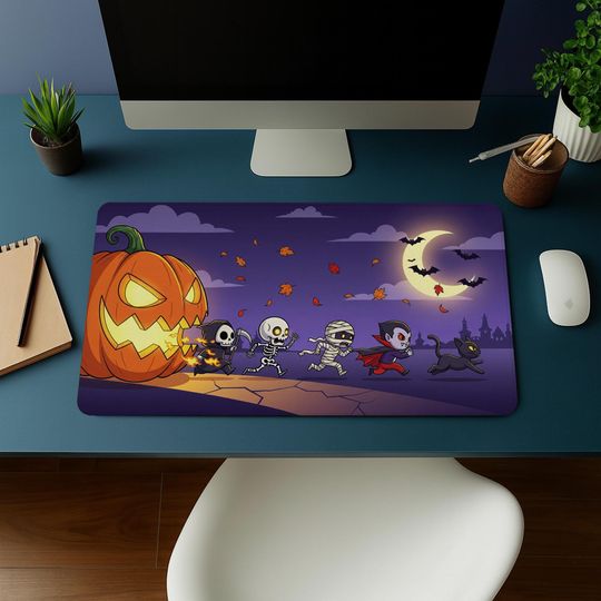 Halloween Desk Mat: Spooky Pumpkin, Skeleton & Vampire - Gothic Office Decor