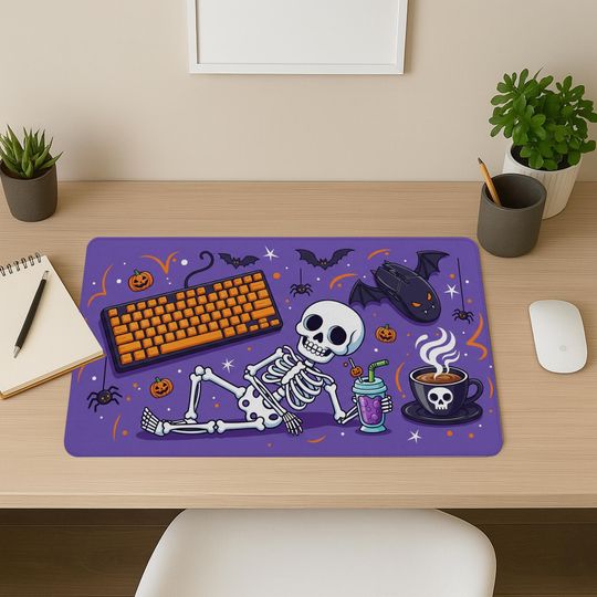 Halloween Desk Mat: Spooky Bats, Pumpkins & Coffee - Large Gaming Mouse Pad