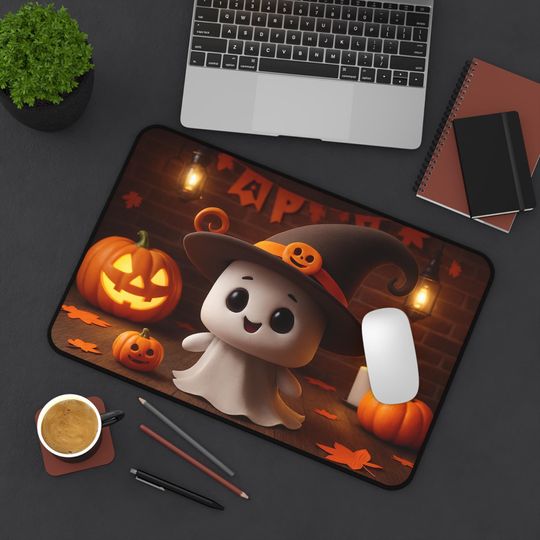 Ghost & Pumpkin Halloween Desk Mat: Spooky Cute Office Decor
