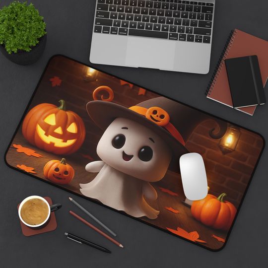 Ghost & Pumpkin Halloween Desk Mat: Spooky Cute Office Decor