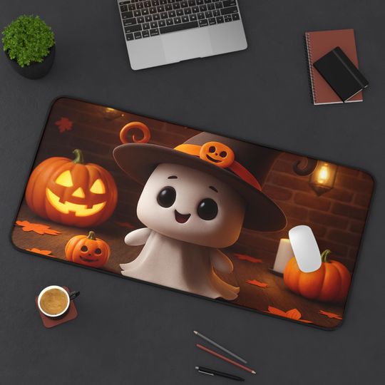 Ghost & Pumpkin Halloween Desk Mat: Spooky Cute Office Decor